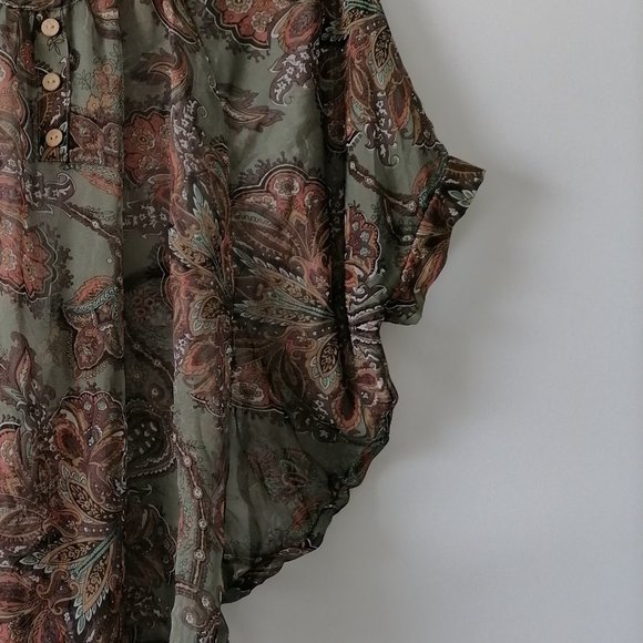 Blue Bird Women's See Through Floral Green Brown Top Size Small S Batwing Sleeve - Picture 4 of 8